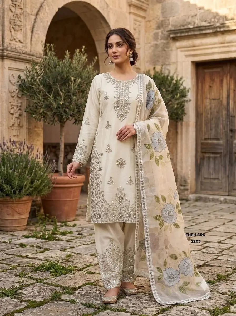 Mehndi Olive Green Jimi Chu Silk Heavily Embroidered Straight Kurta with Palazzo Pants
